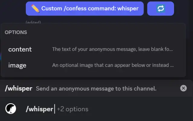 Screenshot shows a custom /whisper command being added using the control panel