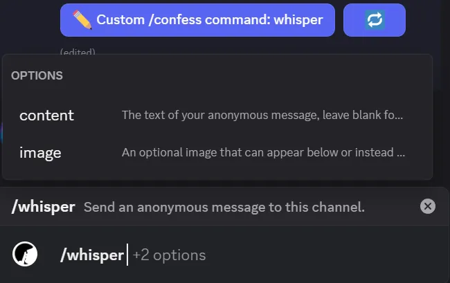 Screenshot shows a custom /whisper command being added using the control panel