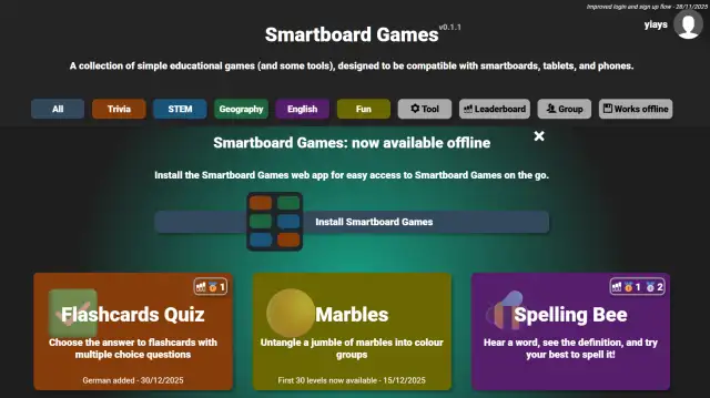 The overhauled homescreen of Smartboard Games